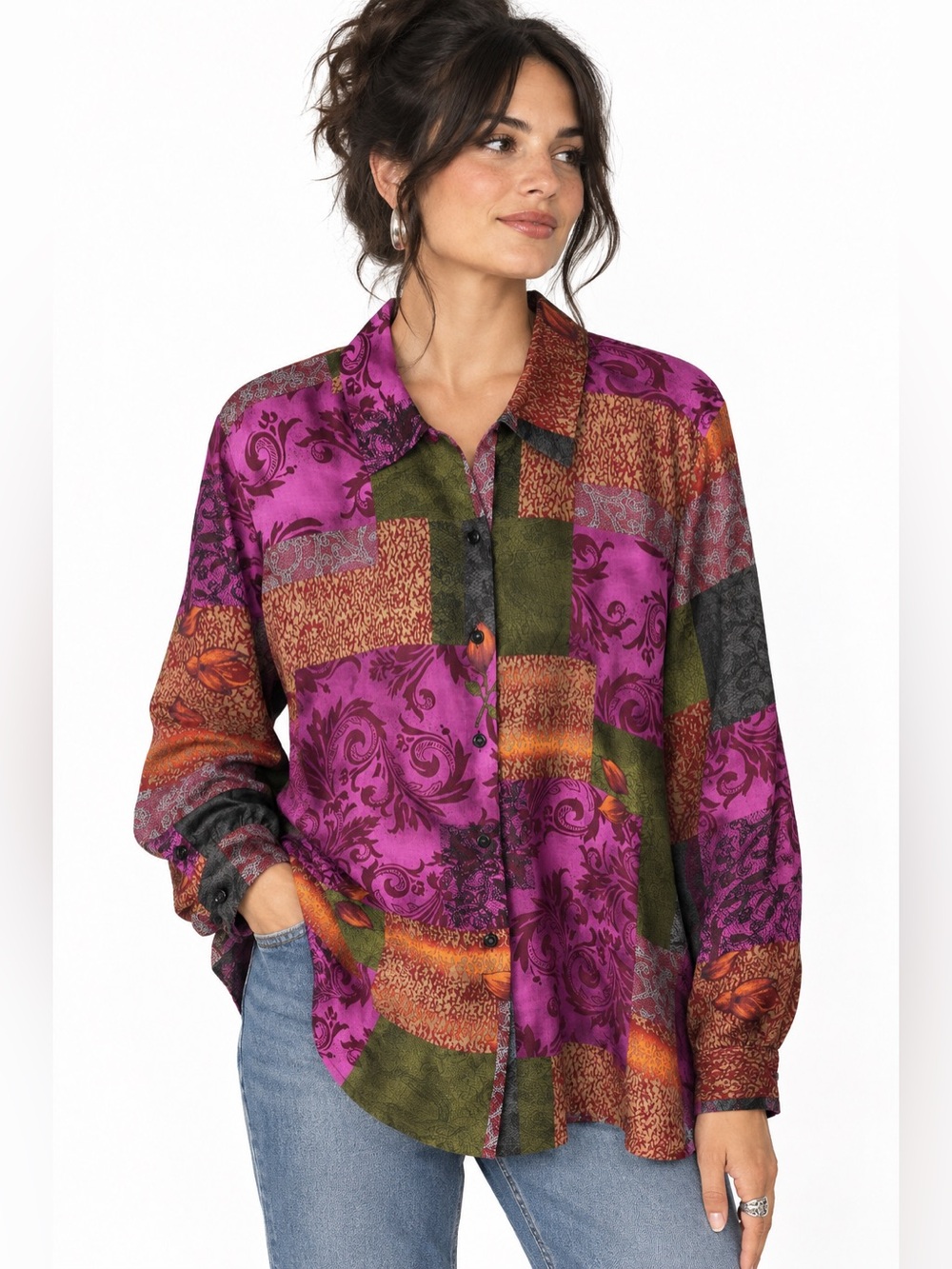 Purple Dark Romantic Patchwork Floral Y2K 100% Silk Button Front Top Large